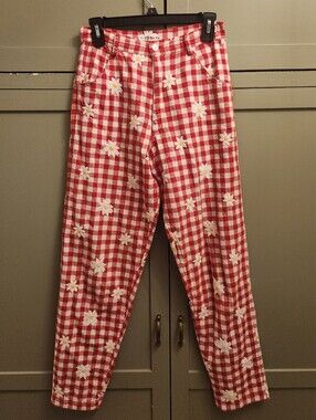 Finis Red Gingham Floral Vintage Embroidered Pants